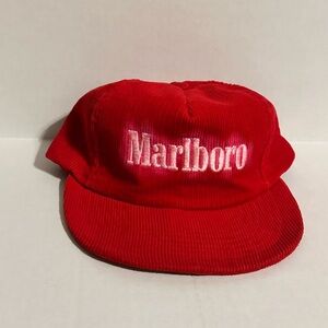 Marlboro Red Corduroy Hat. FLAWED -bleeding in logo mild bleach ring around logo